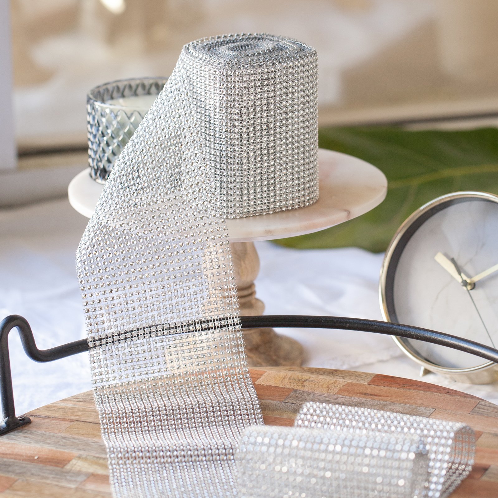 HUJI Diamond Silver Rhinestone Mesh Ribbon Wrap for Wedding Decorations, Gifts, Party Supplies, Cake Decorations (30 Feet, Silver Diamond Rhinestone) - Image 3